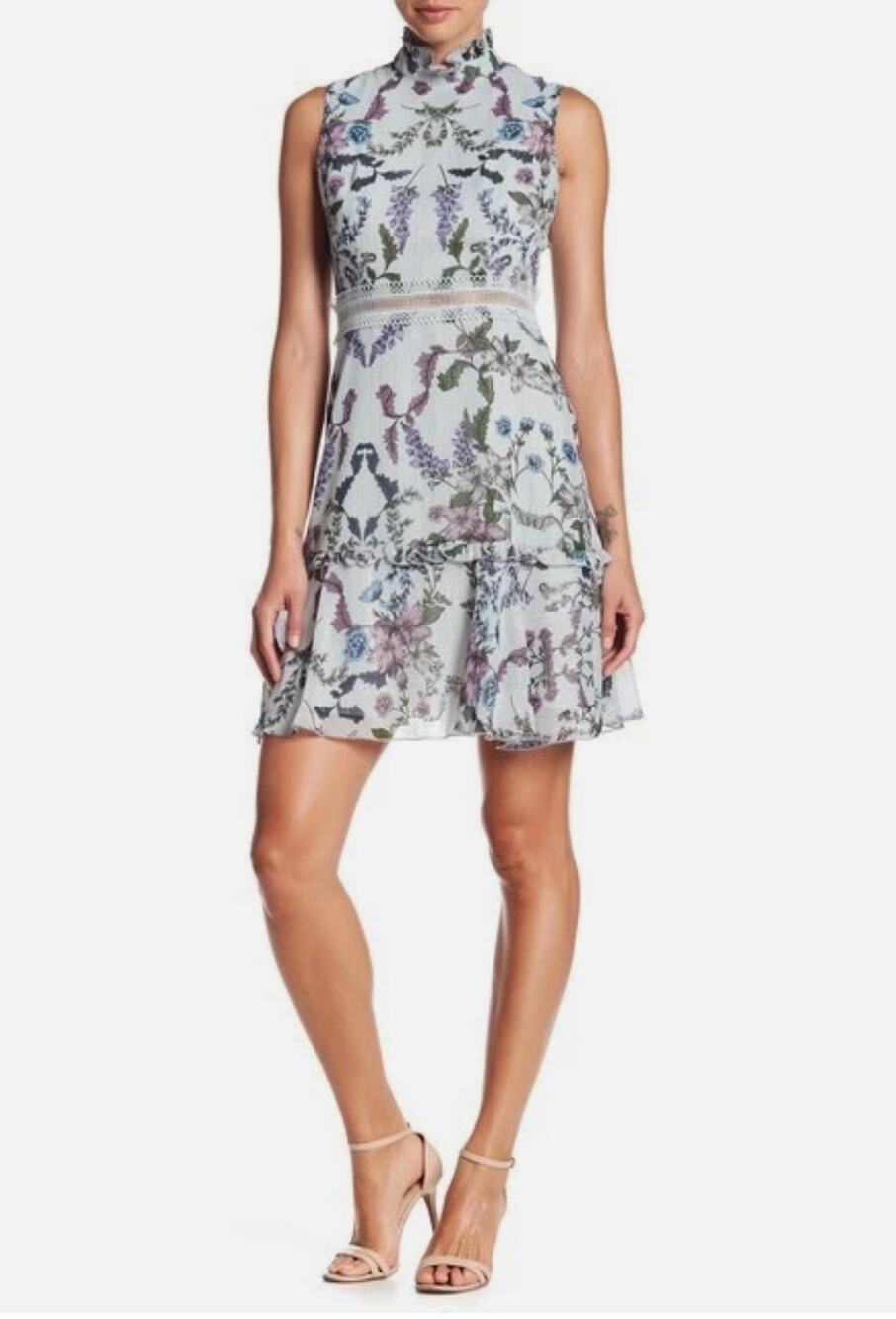 DONNA MORGAN High Neck Floral Print Ruffle Hem Dress // 10
